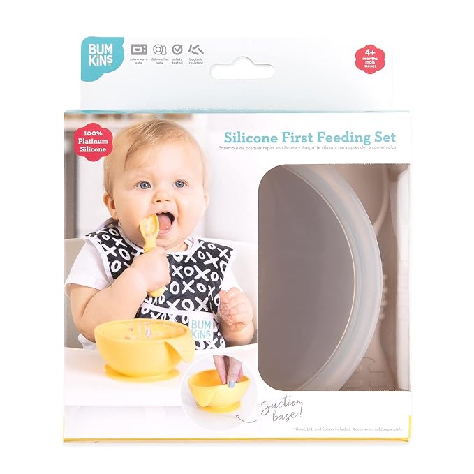 Bumkins Baby Bowl, Silicone Feeding Set with Suction for Baby and Toddler, Includes Spoon and Lid, First Feeding Set, Training Essentials for Baby Led Weaning for Babies 4 Months Up, Sand