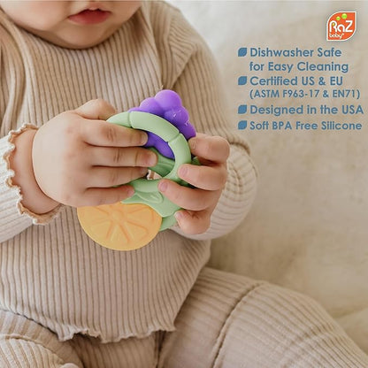 RaZbaby Fruitique Infant & Baby Massager & Teether Toy 3-Pack, Fruit-Shaped Multi-Texture Teethers Soothe Sore Gums 3M+