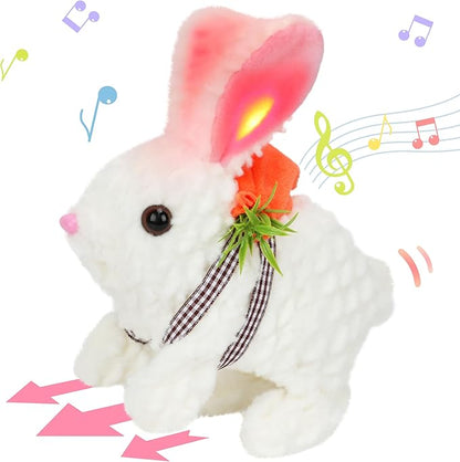 Hopearl Hopping Rabbit with LED Ears Carrot Backpack Interactive Plush Bunny Toy with Sounds Animated Walking Wiggle Light up Ears Twitch Nose Gift for Toddlers, White 7''