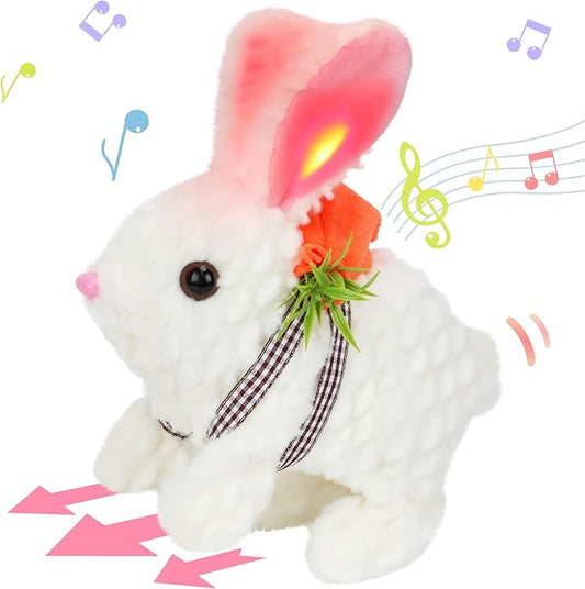 Hopearl Hopping Rabbit with LED Ears Carrot Backpack Interactive Plush Bunny Toy with Sounds Animated Walking Wiggle Light up Ears Twitch Nose Gift for Toddlers, White 7''