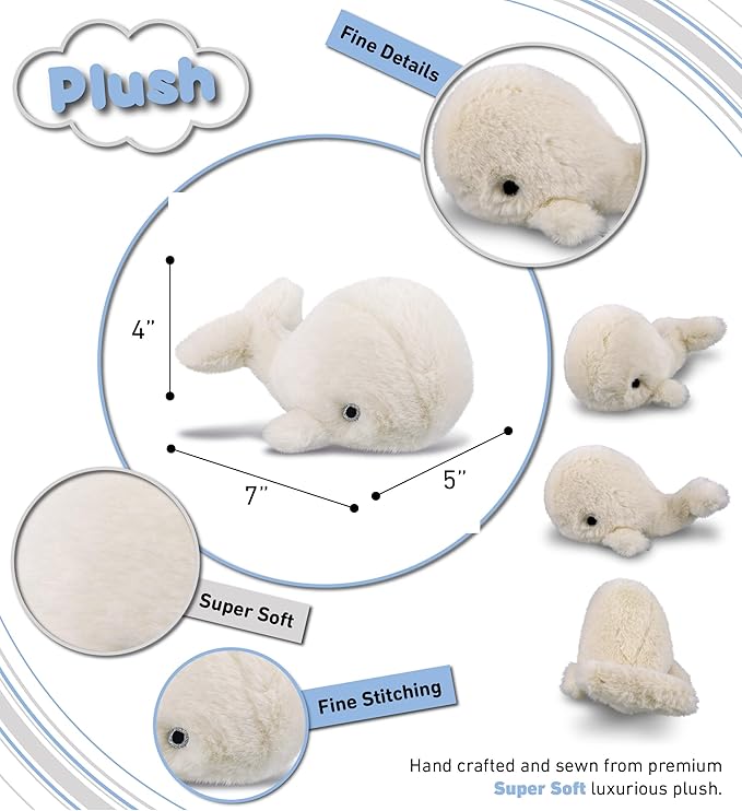 DolliBu Plush Whale Stuffed Animal - Soft Huggable White Whale, Adorable Playtime Whale Plush Toy 7 Inches