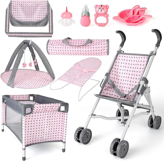 deAO Baby Doll Stroller Crib Bed Nursery Role Play Set Baby Doll with Accessories and Play Mat,Travel Cot