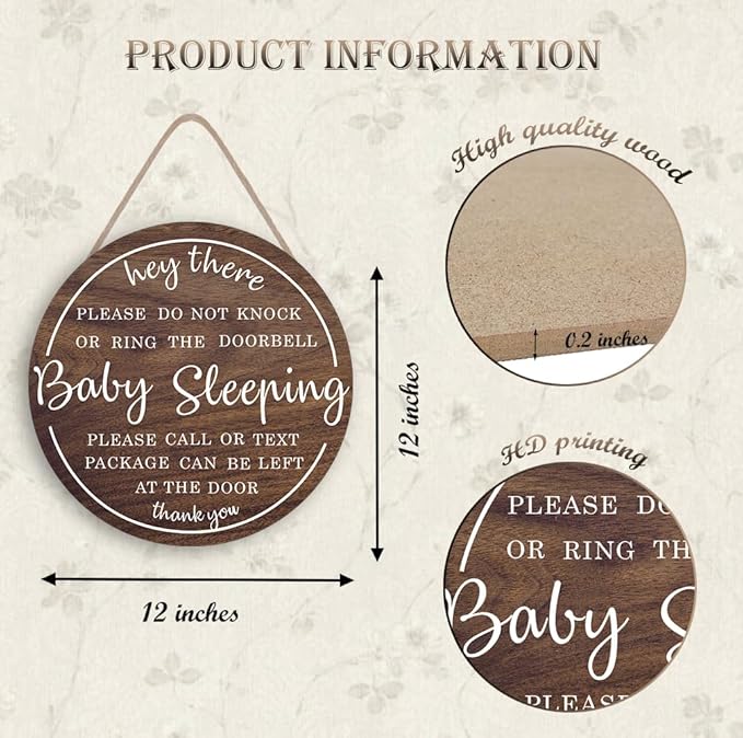 OLMIXA Baby Sleeping Wooden Sign (12x12 inch), Do Not Knock or Ring Door Knob Sign for Front Door