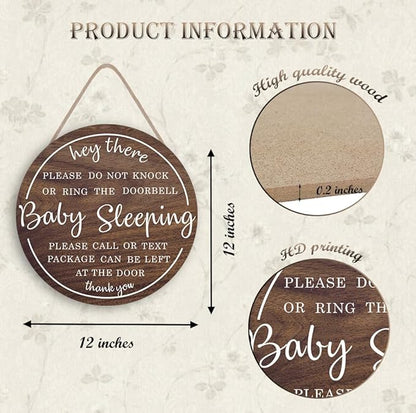 OLMIXA Baby Sleeping Wooden Sign (12x12 inch), Do Not Knock or Ring Door Knob Sign for Front Door