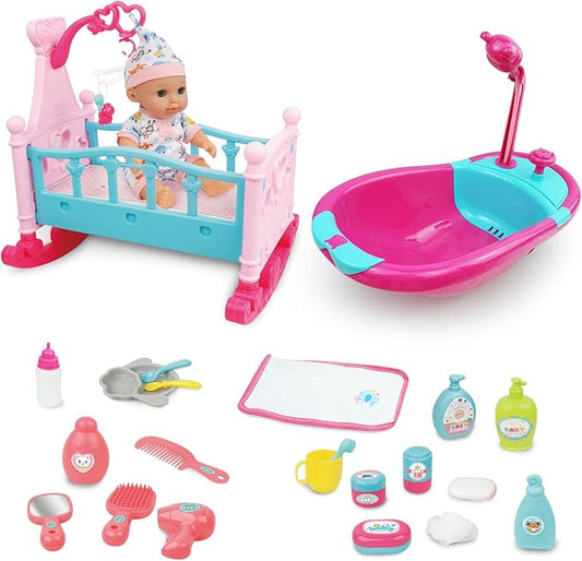 RedCrab 12" Baby Doll Toys Newborn Doll Bath and Bed 2-in-1 Shaker 25pcs Accessories 3+ Year