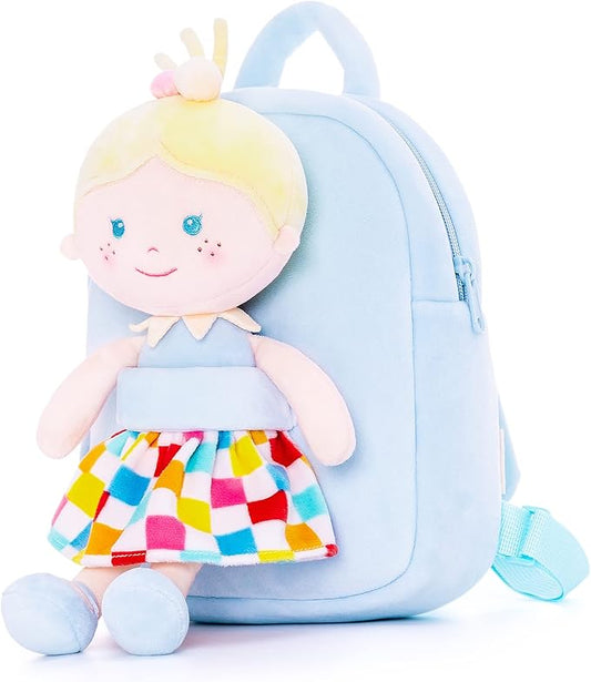Onetoo Toddler Kids Backpack with Soft Baby Dolls in Plaid 9.5"