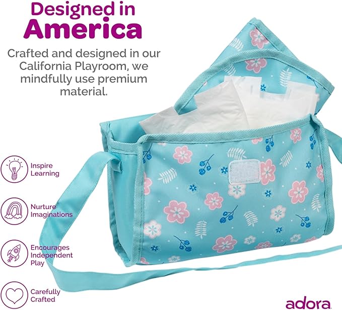ADORA Baby Doll Diaper Bag with Sturdy Straps, includes Changing Mat and 2 Doll Diapers (Fits 13" Dolls) 3+ -