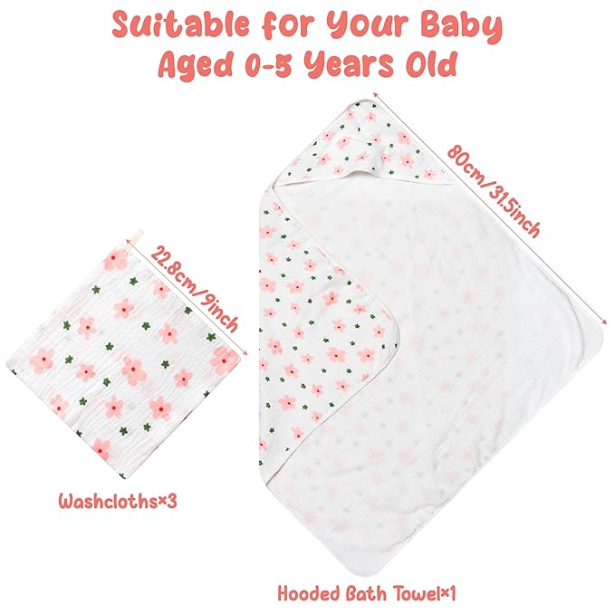 Zainpe 4Pcs Muslin Baby Hooded Towel & Washcloth Set Floral 31.5 x 31.5 in