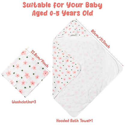 Zainpe 4Pcs Muslin Baby Hooded Towel & Washcloth Set Floral 31.5 x 31.5 in
