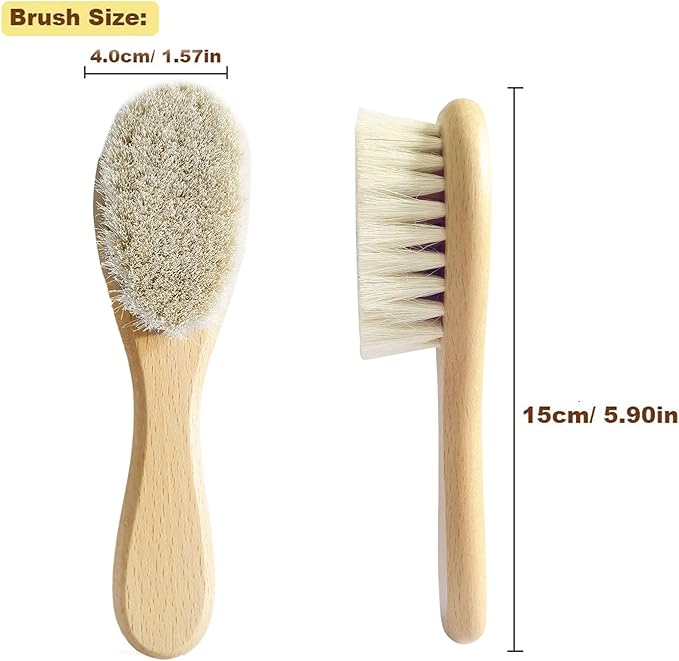 Baby Hair Brush with Wooden Handle and Comb Set for Newborns & Toddlers | Natural Soft Goat Bristles l Wood Comb l Purple Silicone Brush (3 Piece)