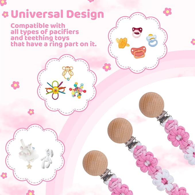 Pacifier Clip for Boys Girls Floral Daisy Macrame Baby Paci (1pack:Pink Daisy