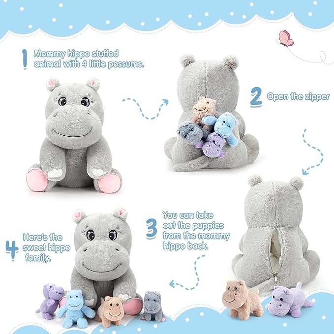 HyDren 5 Pieces Hippo Plush Toys Set Mom Hippo Stuffed 4 Baby