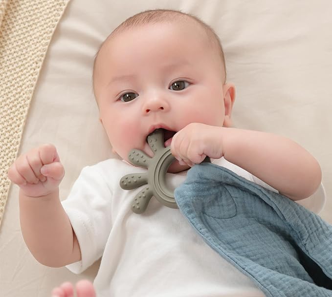 Baby Muslin Security Blanket with Food Grade Silionce Teether,Soothe Teething Toy for Boys and Girls 100% Polyester