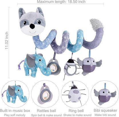 Car Seat Toys, Baby Toy 3-6 Months Carseat Stroller Toys Infant Spiral Activity Toy 0-3 Month, Hanging Car Toys for Babies 0-6 Months Newborn Boys Girls with Music Rattle Squeaker - Gray Fox