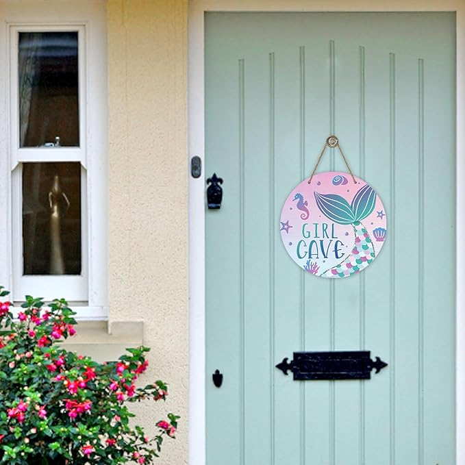 Girl Gave Ocean Mermaid Front Door Sign, Pink Coastal Wood Door Hanger Outdoor Outside Porch Nursery Decor