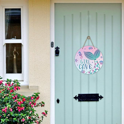 Girl Gave Ocean Mermaid Front Door Sign, Pink Coastal Wood Door Hanger Outdoor Outside Porch Nursery Decor