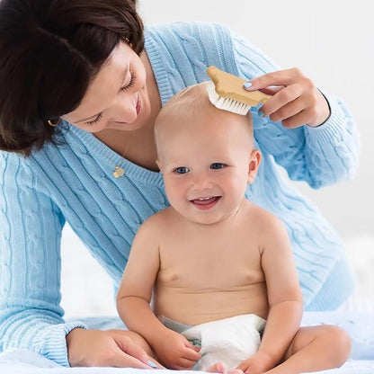 Baby Hair Brush and Comb Set for Newborns & Toddlers - Wooden Handle and Natural Soft Goat Bristles,Gentle Cradle Cap Care,Baby Massage and Scalp Brush,Ideal Baby Registry Gift,Beech with Cute Bear