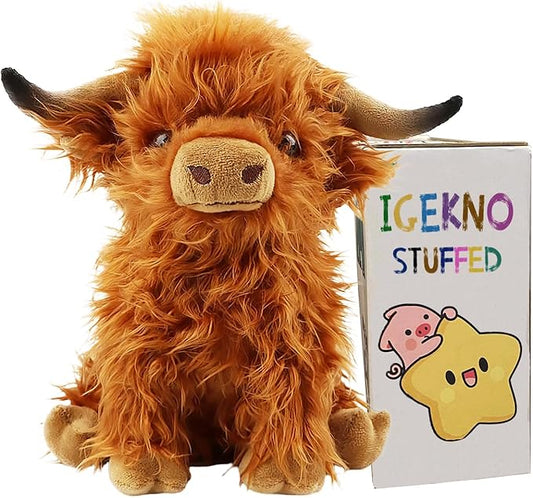 Highland Cow Stuffed Animals,Cute Fluffy Stuff Cow Plush Realistic Scottish Cattle Animals Toys Birthday Festival Presents for Girls Audults Kids Boys Toddler (Brown Cows 10.6 inch)