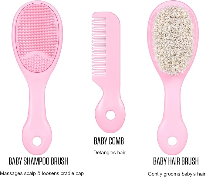 3 Piece Baby Hair Brush and Comb Set for Newborns and Toddlers (Pink)