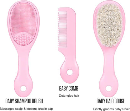 3 Piece Baby Hair Brush and Comb Set for Newborns and Toddlers (Pink)