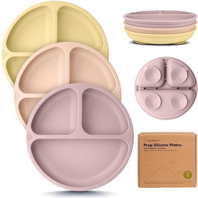 KeaBabies Suction Plates for Baby, Toddler - 3-Pack 100% Silicone Toddler Plates, Divided Baby Plates with Suction, Silicone Plates for Baby, Kids, BPA-Free, Microwave, Dishwasher Safe (Dusk)