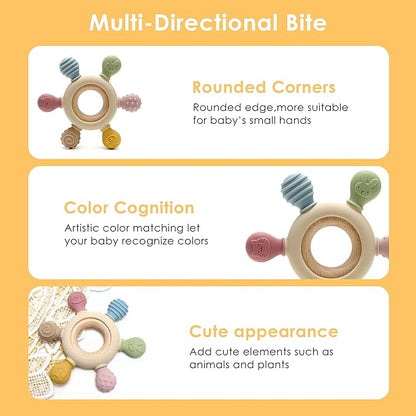 [BabyBite] Baby Teething Toys Silicone and Beechwood Baby Teether Ring 100% BPA 0M+