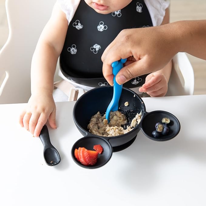 Bumkins Disney Baby Utensil Set, Silicone Trainer Spoons for Dipping, Soft Tip, Self-Feeding, Chew, Baby Led Weaning, First Year Training Supplies, Essentials First Eating, 4 Mos, 2-pk Mickey Mouse