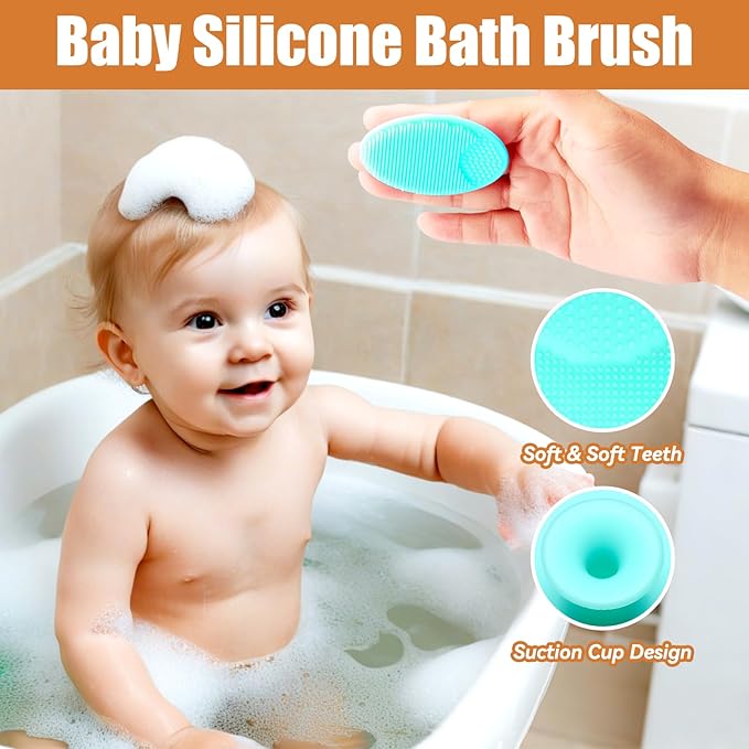Wooden Baby Hair Brush and Comb Set, 2Pcs Natural Soft Goat Bristles Brush with Baby Shower Scrubber Perfect Scalp Grooming Product for Newborn, Toddler, Infant (Green)