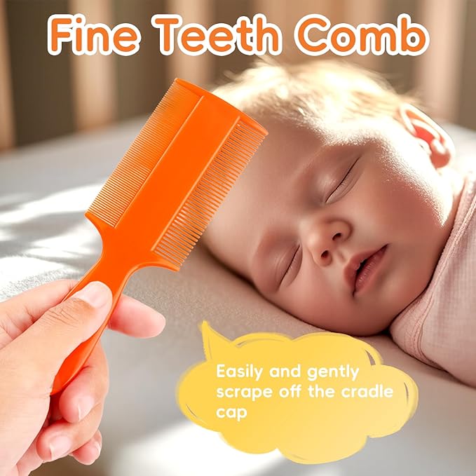 Cradle Cap Brush for Babies, Set of 5 Baby Bath Essentials with Bath Sponge Silicone Scrubber Long Handle Comb for Newborns Toddlers Boys Girls (Orange)