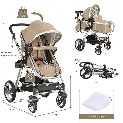 BABY JOY Baby Stroller, 2-in-1 Convertible Bassinet Reclining Stroller, Foldable Pram Carriage with 5-Point Harness, Including Cup Holder, Foot Cover, Diaper Bag, Aluminum Structure, Khaki
