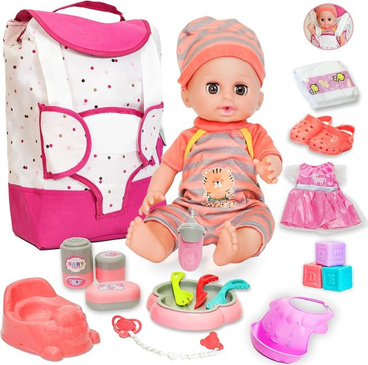 12 Inch Baby Doll Play Set with Carrier Backpack,Talking Realistic Newborn Baby Doll Toys Incl 2 Clothes & Accessories 3 4 5 6+