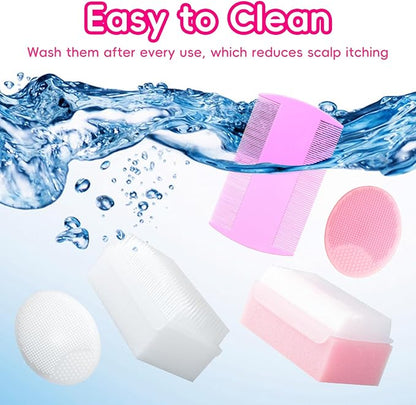 Cradle Cap Brush for Babies, Baby Bath Essentials with Silicone Scrubber Bath Sponge Dual-Sided Comb for Newborns Toddlers Boys Girls (Pink, Set of 5)