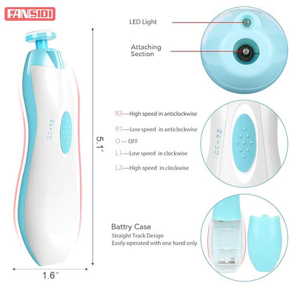Baby Nail Clippers, FANSIDI Safe Baby Nail Trimmer Baby Nail File Electric with 10 Filing Pads 8 Sandpapers for Newborn Infant Toddler or Adult Toes Fingernails Care - AA Battery Operated (White/Blue)