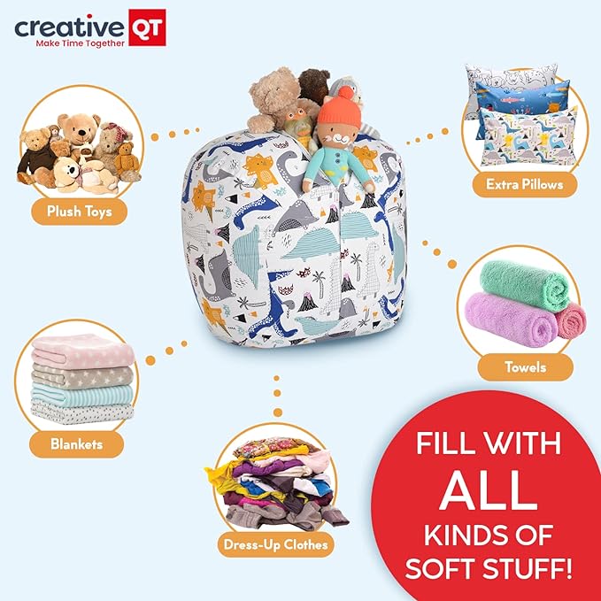 Creative QT Stuff ’n Sit Extra Large 38’’ Bean Bag Storage Cover for Stuffed Animals & Toys, Giant Beanbag Chair for Plush, Toddler & Kids Bedroom Organizer, Dinosaur