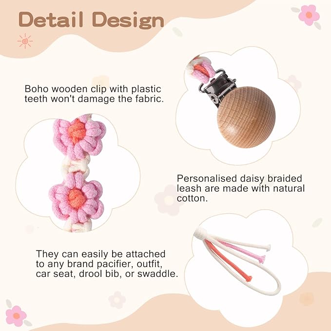 Pacifier Clips Baby Girls Floral Daisy Binky Clips Pacifier Holder