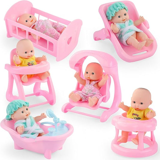 Liberty Imports 6 PCS Mini Baby Newborn Dolls Collection - Includes Cradle, High Chair