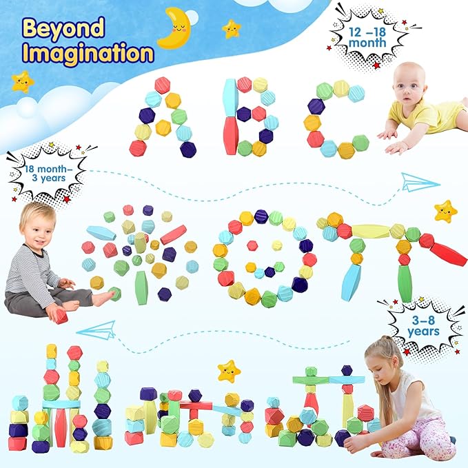 oathx Montessori Toys Wooden Blocks for Toddlers 1-3, 28Pcs Extra Large Stacking Stones Building Blocks 1+ Year