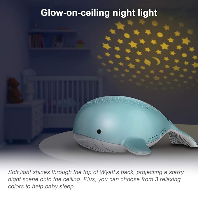 VTech Communications BC8312 Wyatt The Whale Storytelling Baby Sleep Soother with a White Noise Sound Machine Featuring; 10 Stories, 10 Ambient Sounds & 10 Calming Melodies with Glow-on-Ceiling