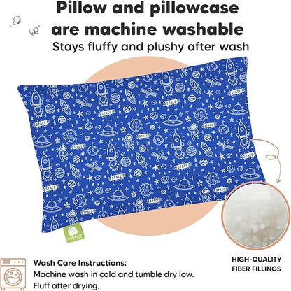 Toddler Pillow with Pillowcase - 13x18 My Little Dreamy Pillow, Organic Cotton Toddler Pillows for Sleeping, Kids Pillow, Travel Pillows,Mini Pillow,Nursery Pillow,Toddler Bed Pillow (Off to Space)