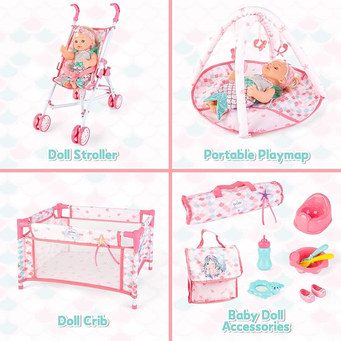 deAO Baby Doll Stroller Crib Bed Nursery Role Play Set Baby Doll Accessories and Play Mat,Travel Cot