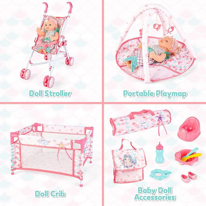 deAO Baby Doll Stroller Crib Bed Nursery Role Play Set Baby Doll Accessories and Play Mat,Travel Cot