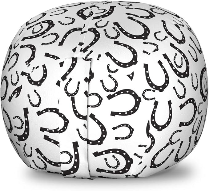 Lunarable Horseshoe Storage Toy Bag Chair, Irregularly Sized with Polka Dots and Symbolic Curves and West Themed, Stuffed Animal Organizer Washable Bag, Small Size, White and Black