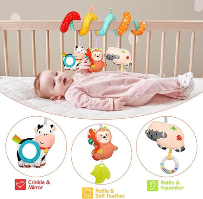 XIXILAND Car Seat Toys for Babies 0-6 Months Boy Girl Carseat Toys Hanging Spiral Stroller Toys, Infant Toys Baby Toys 0-6 Months Newborn Toys 0 3 Months Brain Development with Mirror Teether Rattle