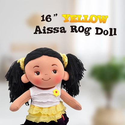 Linzy Plush 16" Yellow Aissa Rag Doll for Girls, Soft Plush Rag Doll