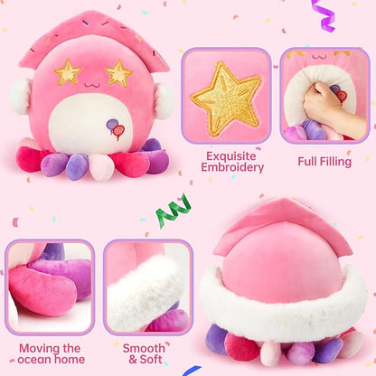 Houwsbaby 12" Pink Party Squid Plush Pillow,Octopus Plushie Ocean Sea Life Stuffed Animal Toys