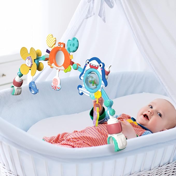 Adjustable Baby Stroller Arch Toys - Car Seat Toys Play Arch Crib Bassinet Toy Activity Arch with Fascinating Toy for Stimulating Baby's Senses Developing Motor Skills Infants Toddlers Gifts