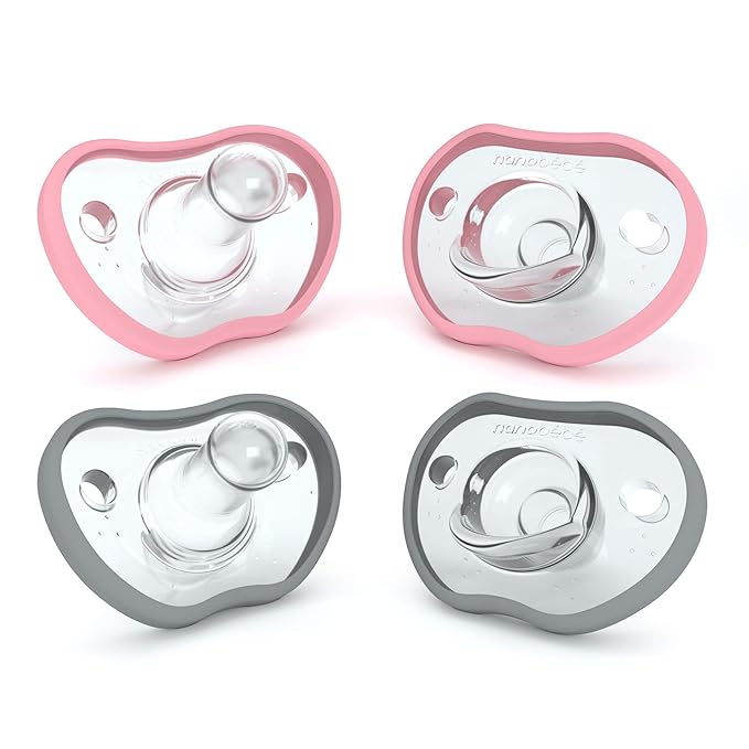 Nanobebe Baby Pacifiers 0-3 Month - Orthodontic, Curves Comfortably with Face Contour 100% Silicone 4pk,Pink/Grey