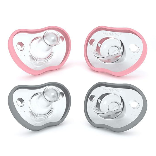 Nanobebe Baby Pacifiers 0-3 Month - Orthodontic, Curves Comfortably with Face Contour 100% Silicone 4pk,Pink/Grey