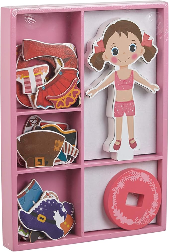 Magnetic Wooden Dress-Up Dolls Toy | Pretend Play Set Includes: 1 Wood Doll with 30 Assorted Costume Dress Ideas 3+