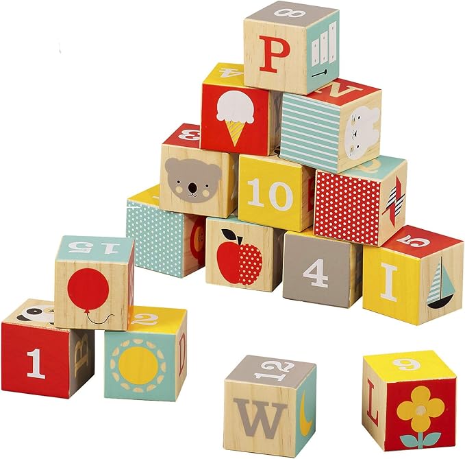 Petit Collage Eco-Friendly ABC Wooden Blocks, Set of 15 – Solid Wooden Blocks for Kids 12 Month and Older 1.75” Each,